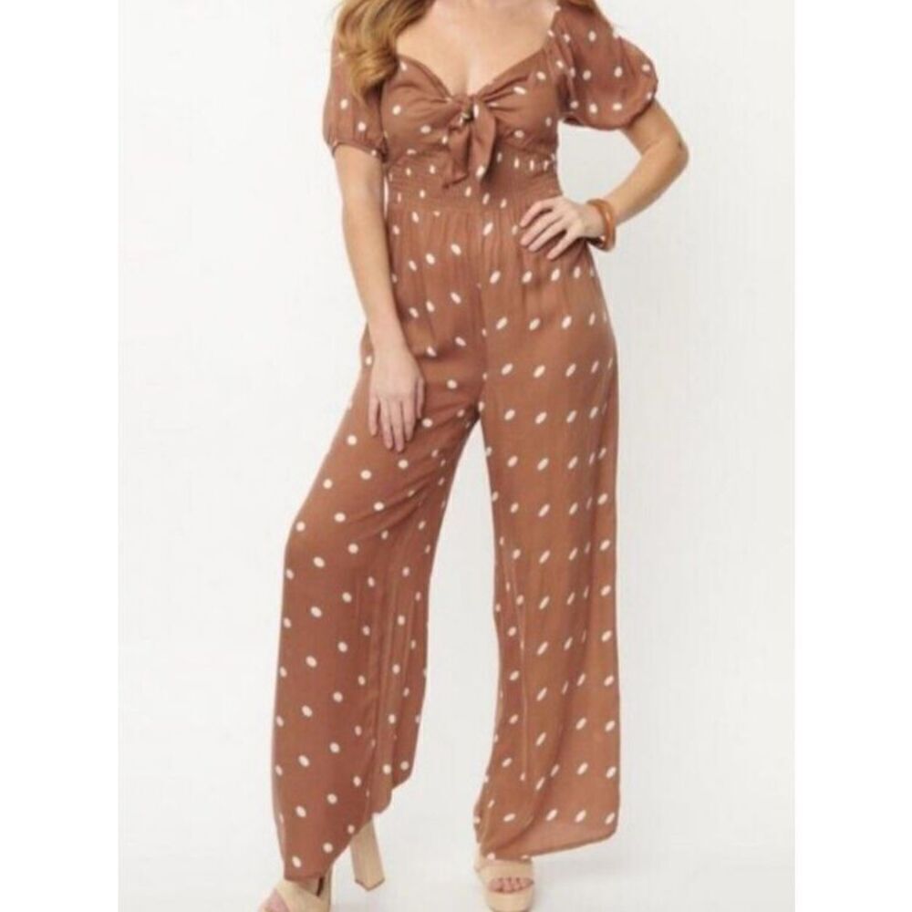 DEE ELLY Jumpsuit‎ Size Medium Brown and White Polka Dots